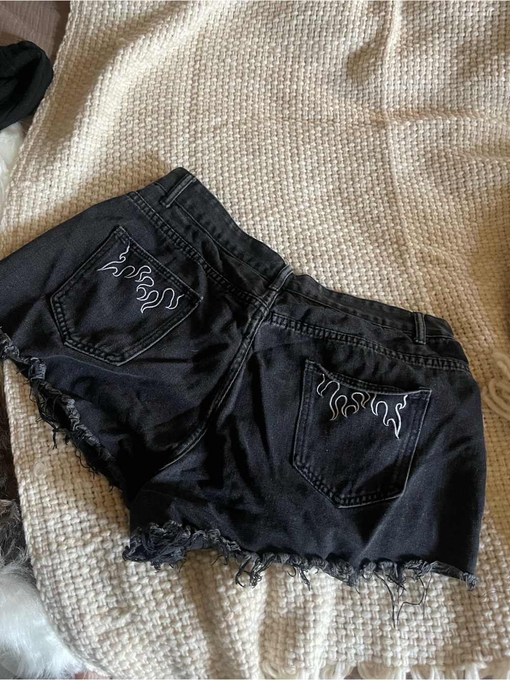 Black Women’s Flame-Embroidered Denim Shorts